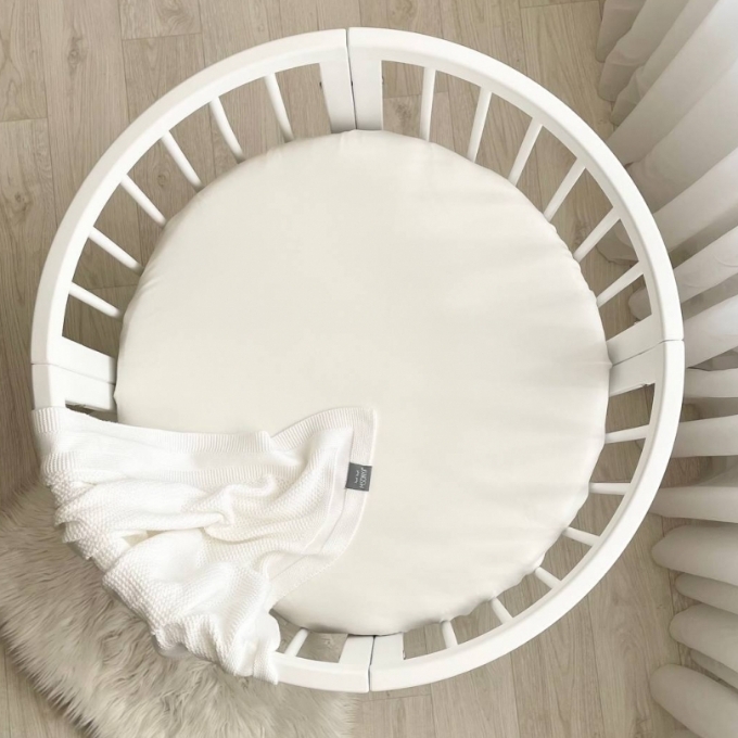 Husa saltea rotunda patut bebe copii cu elastic, 70 x 70 cm, milky (1)